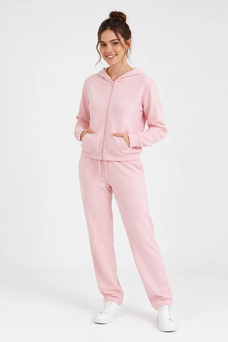 Trening damă FreeNight din bumbac, cu bluză cu fermoar și glugă, pantaloni lungi, roz