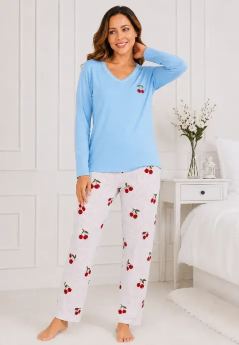 Pijama de dama blue cu maneca lunga si pantaloni lungi