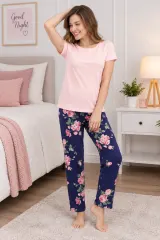 Pijama dama cu bluza maneca scurta si pantaloni lungi cu elastic in talie, imprimeu trandafiri
