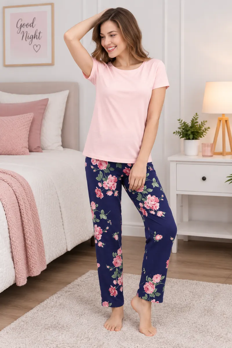 Pijama dama cu bluza maneca scurta si pantaloni lungi cu elastic in talie, imprimeu trandafiri