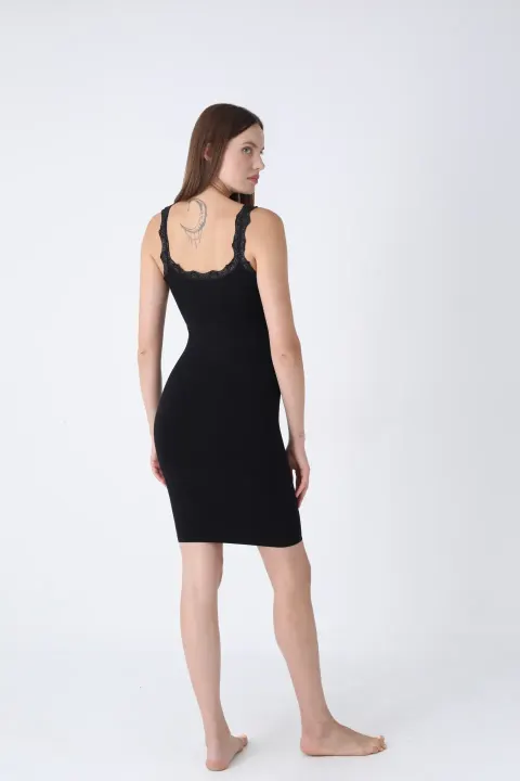 Rochie damă modelatoare cu dantelă, fără cusături, croială mulată, negru