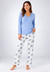 Pijama de dama blue cu maneca lunga si pantaloni lungi albi cu flori