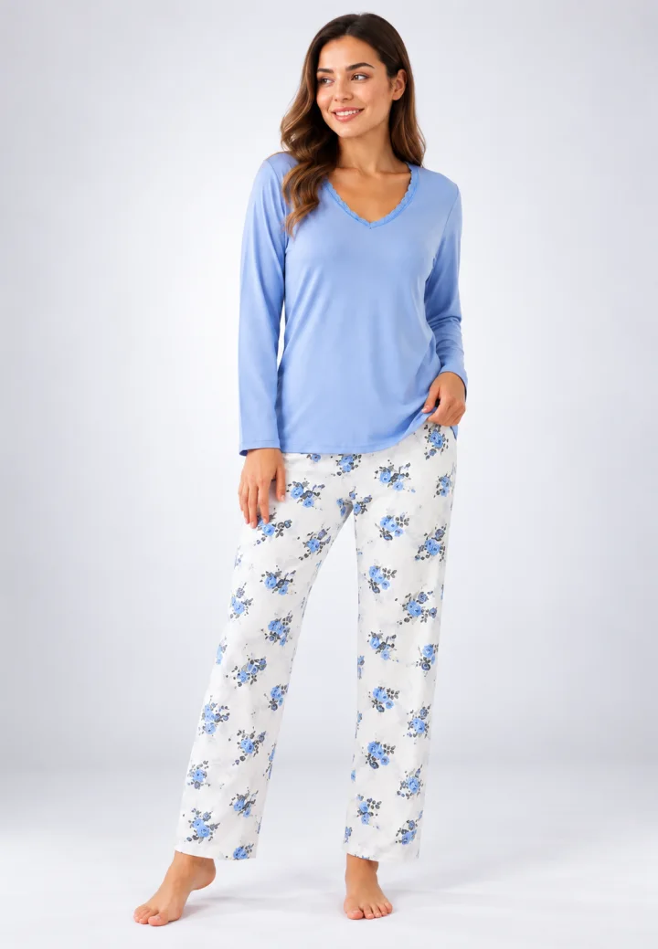 Pijama de dama blue cu maneca lunga si pantaloni lungi albi cu flori