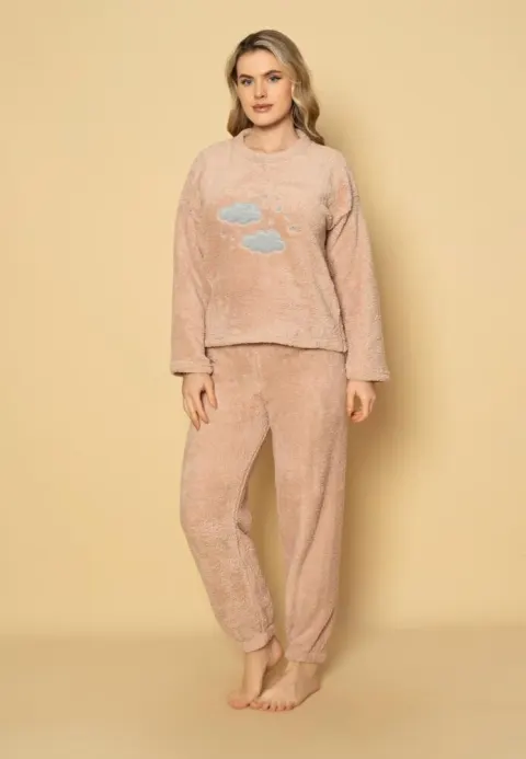 Pijama damă „COCOLINO” crem cu imprimeu nori și steluțe