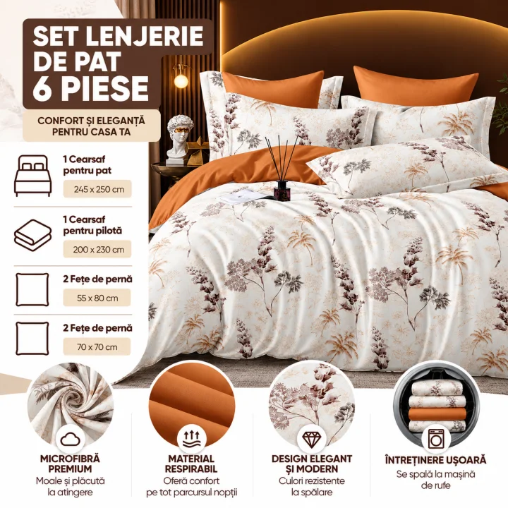 Set Lenjerie de Pat Dublu din Microfibră Premium, 6 Piese, Cearșaf 245x250 cm
