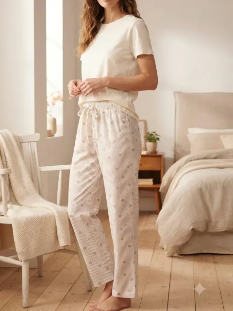 Pantaloni de pijama de dama inimi crem