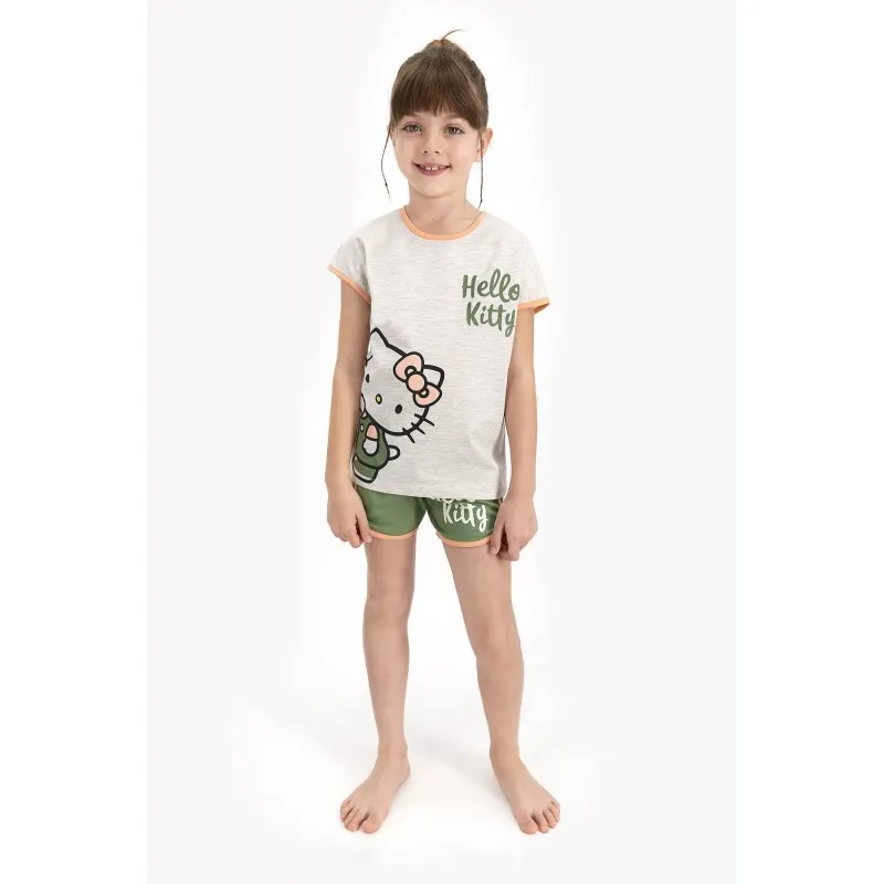 Pijama fetițe din bumbac cu tricou și pantaloni scurți – Hello Kitty, verde
