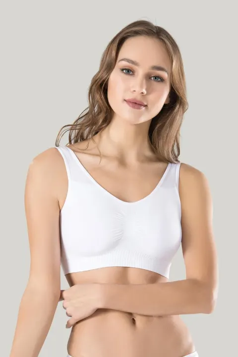 Bustieră damă Miss Fit elastică, cu bretele late, burete și design fără cusături, alb