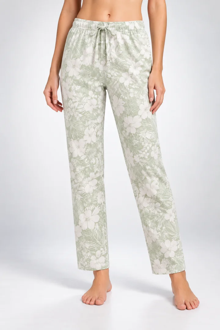 Pantaloni de pijama de dama alb cu verde