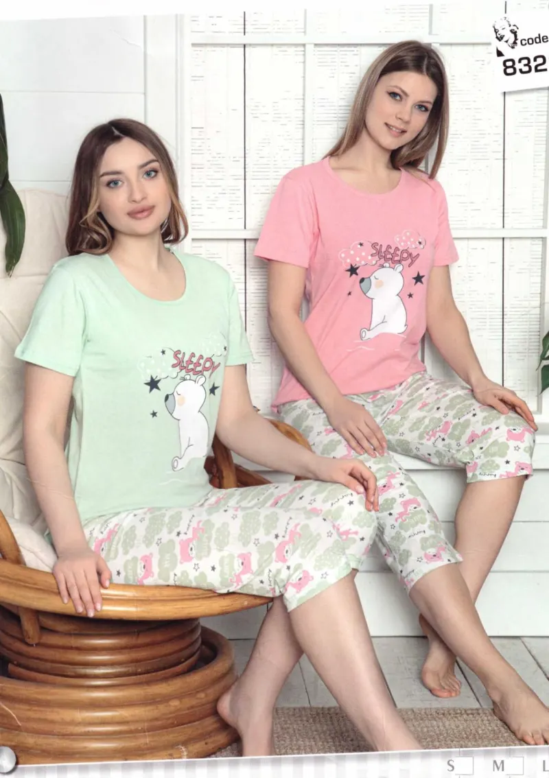 Pijama damă verde „Sleepy” cu pantaloni 3/4