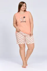 Pijama dama big size din bumbac, maiou portocaliu cu imprimeu „Love Yourself” și pantaloni scurti