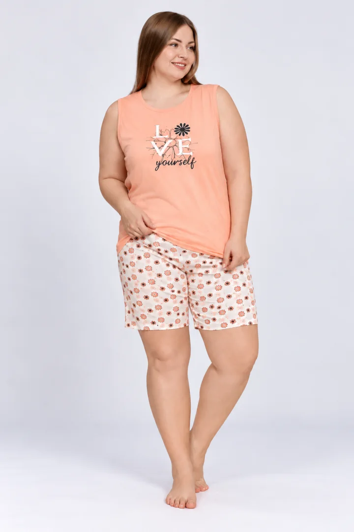Pijama dama big size din bumbac, maiou portocaliu cu imprimeu „Love Yourself” și pantaloni scurti