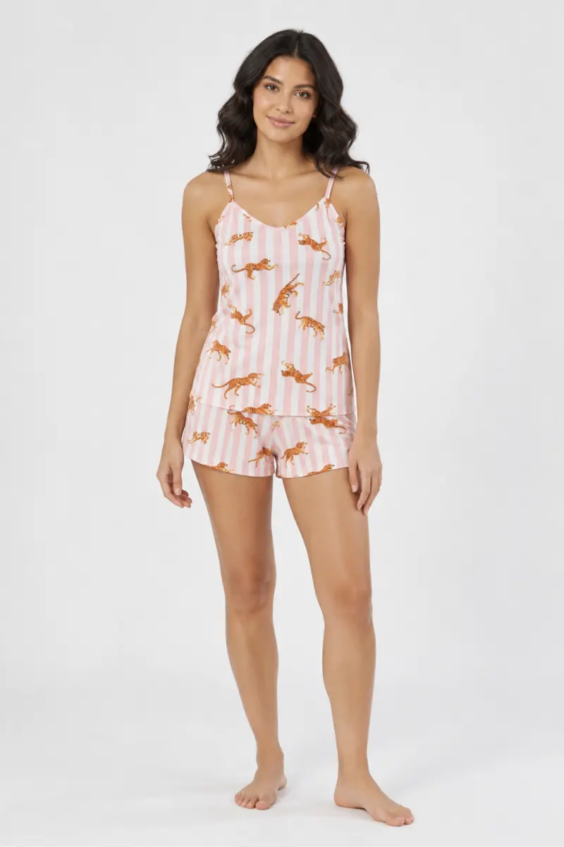 Pijama damă, maiou și short, imprimeu tigri, roz