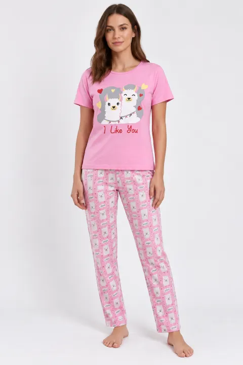 Pijama damă, imprimeu I Like You, roz