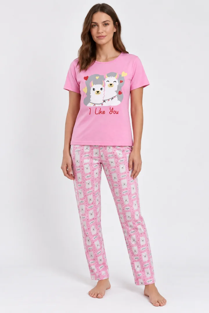 Pijama damă, imprimeu I Like You, roz