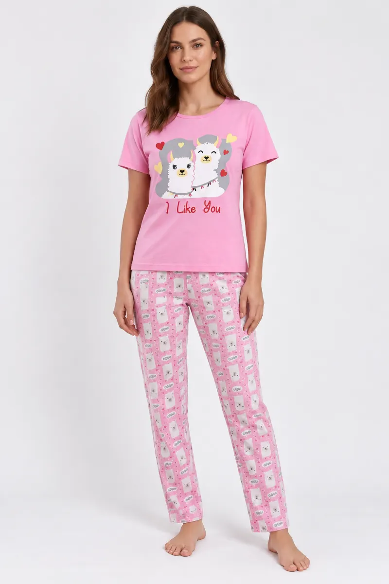 Pijama damă, imprimeu I Like You, roz