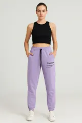 Pantaloni de trening damă lila cu imprimeu "Feeling