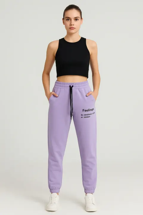 Pantaloni de trening damă lila cu imprimeu "Feeling
