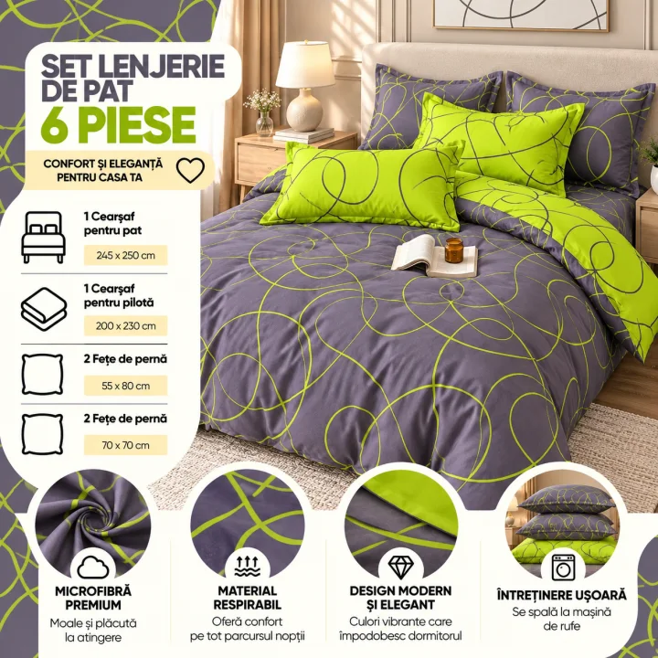 Set Lenjerie de Pat Dublu din Microfibră Premium, 6 Piese, Cearșaf 245x250 cm