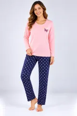 Pijama de dama roz pal cu maneca lunga si pantaloni lungi blumarin cu buline
