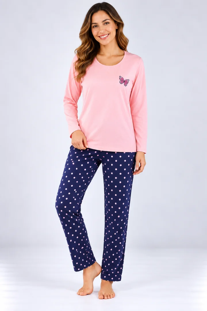 Pijama de dama roz pal cu maneca lunga si pantaloni lungi blumarin cu buline