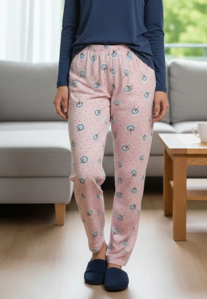Pantaloni de pijama damă Big Size, roz cu flori albe