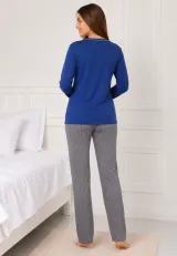 Pijama de dama albastru cu maneca lunga si pantaloni lungi gri cu buline