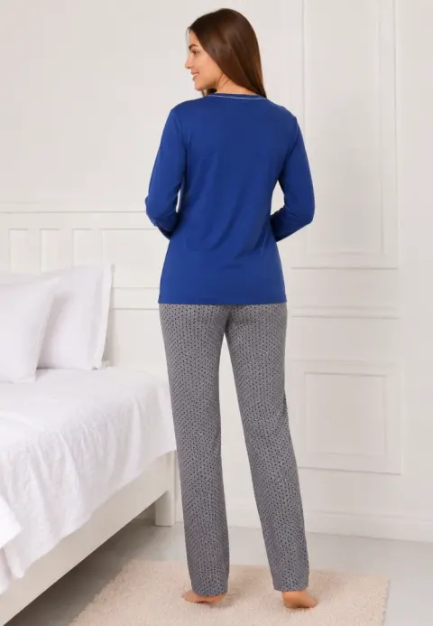 Pijama de dama albastru cu maneca lunga si pantaloni lungi gri cu buline