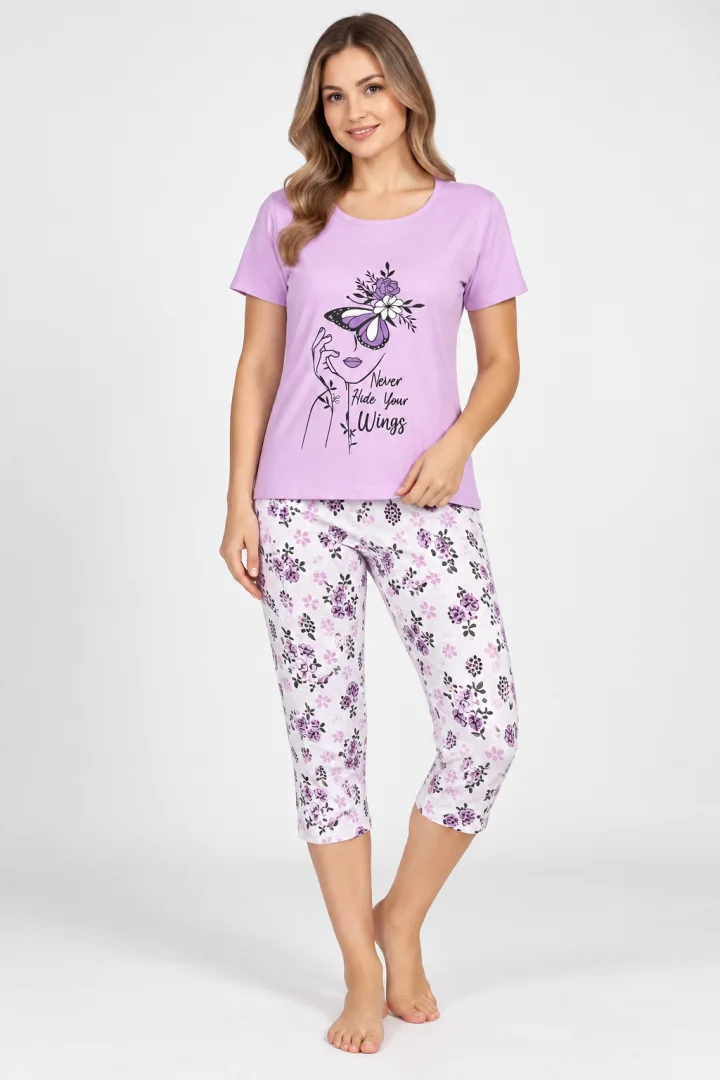Pijama damă Rinda din bumbac „FLORI” cu pantaloni 3/4