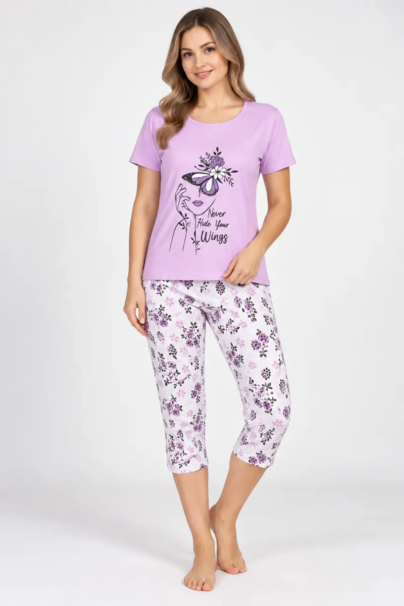 Pijama damă Rinda din bumbac „FLORI” cu pantaloni 3/4