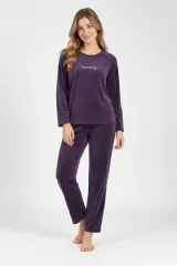 Pijama damă toamnă-iarnă mov din catifea cu imprimeu „Morning”