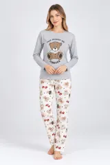 Pijama damă gri , imprimeu cu ursuleț și text „True Friends Are Forever”