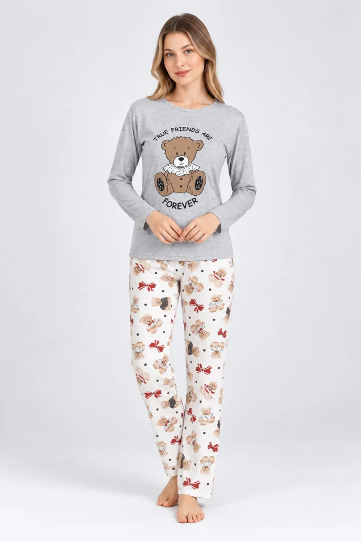 Pijama damă gri , imprimeu cu ursuleț și text „True Friends Are Forever”