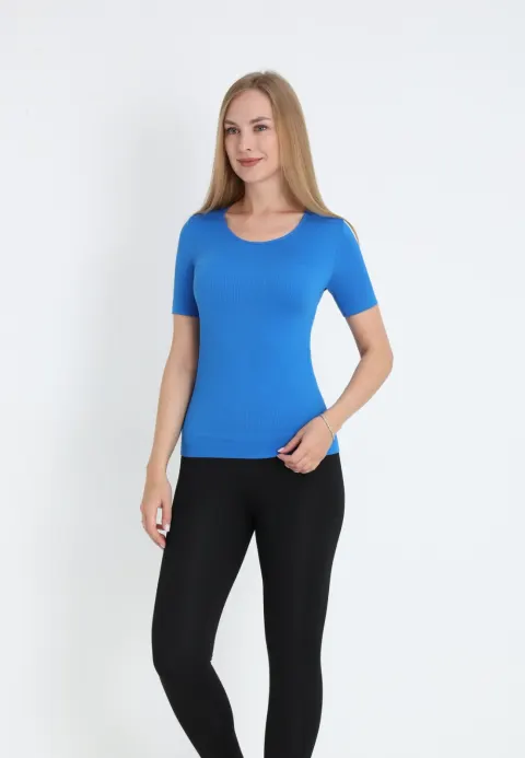 Tricou damă cu mânecă scurtă, croială lejeră și material elastic, albastru