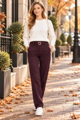Pantaloni Damă Vătuiți cu Buzunare și Cataramă Decorativă, Mov prună
