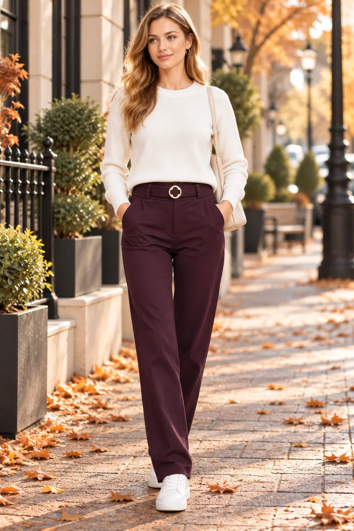 Pantaloni Damă Vătuiți cu Buzunare și Cataramă Decorativă, Mov prună