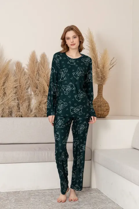 Pijama Damă Verde Închis cu Imprimeu Ursuleți