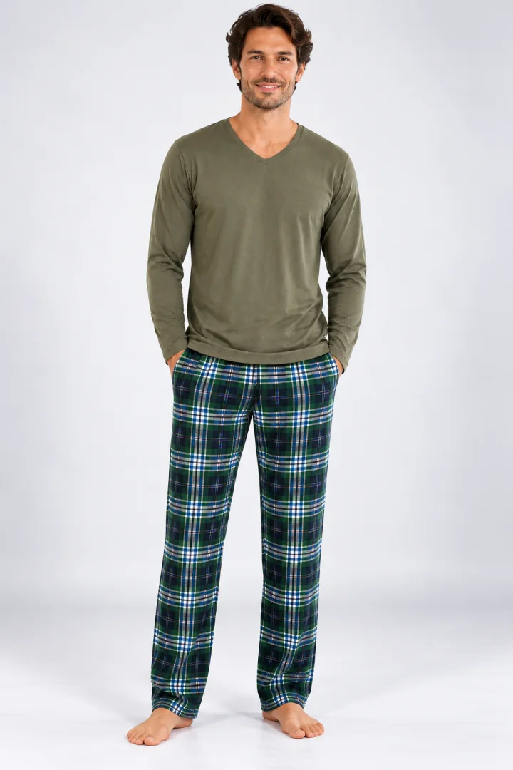 Pijama barbat kaki cu carouri mari