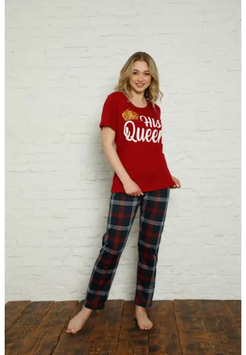 Pijama dama din bumbac, tricou cu imprimeu ,,His Queen''