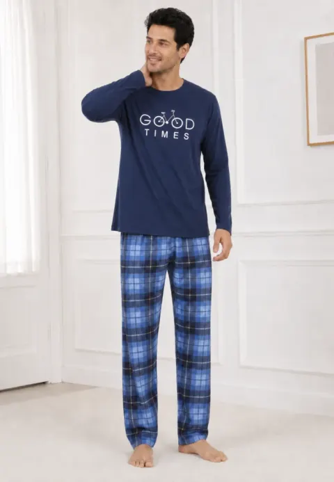 Pijama barbat blumarin cu carouri albastre