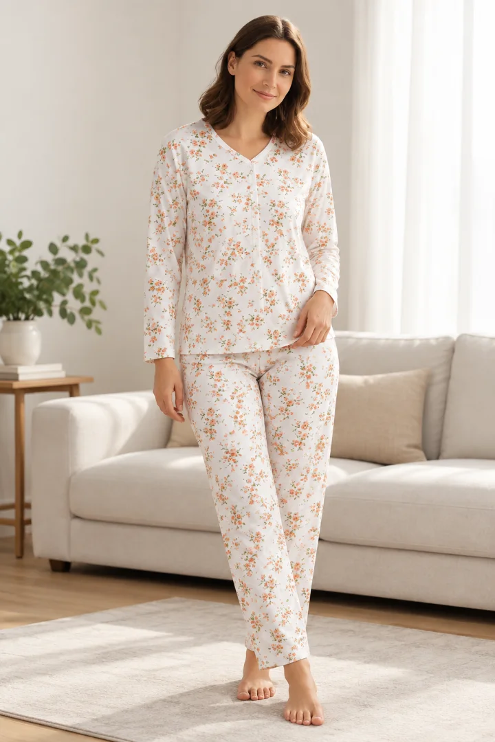 Pijama damă iarnă mărimi mari – albă cu imprimeu flori portocalii,