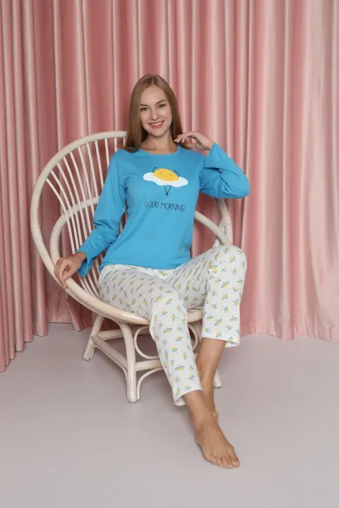 Pijama damă, cu mânecă lungă și pantaloni cu imprimeu Good morning