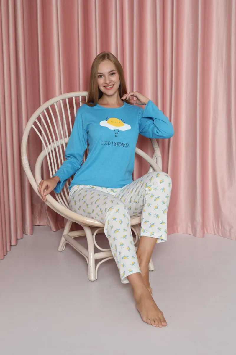 Pijama damă, cu mânecă lungă și pantaloni cu imprimeu Good morning