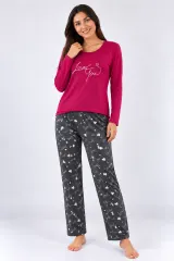 Pijama de dama fucsia cu maneca lunga si pantaloni gri lungi
