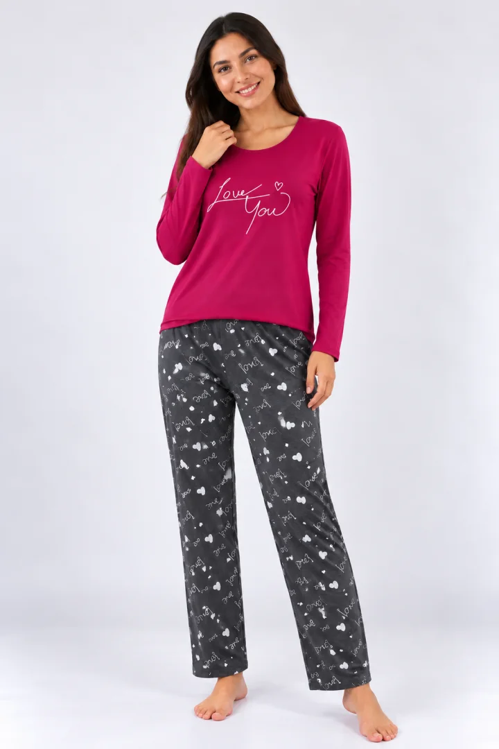 Pijama de dama fucsia cu maneca lunga si pantaloni gri lungi