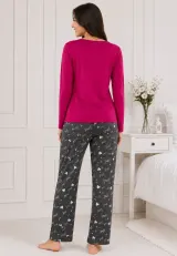 Pijama de dama fucsia cu maneca lunga si pantaloni gri lungi