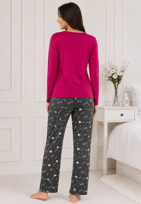 Pijama de dama fucsia cu maneca lunga si pantaloni gri lungi