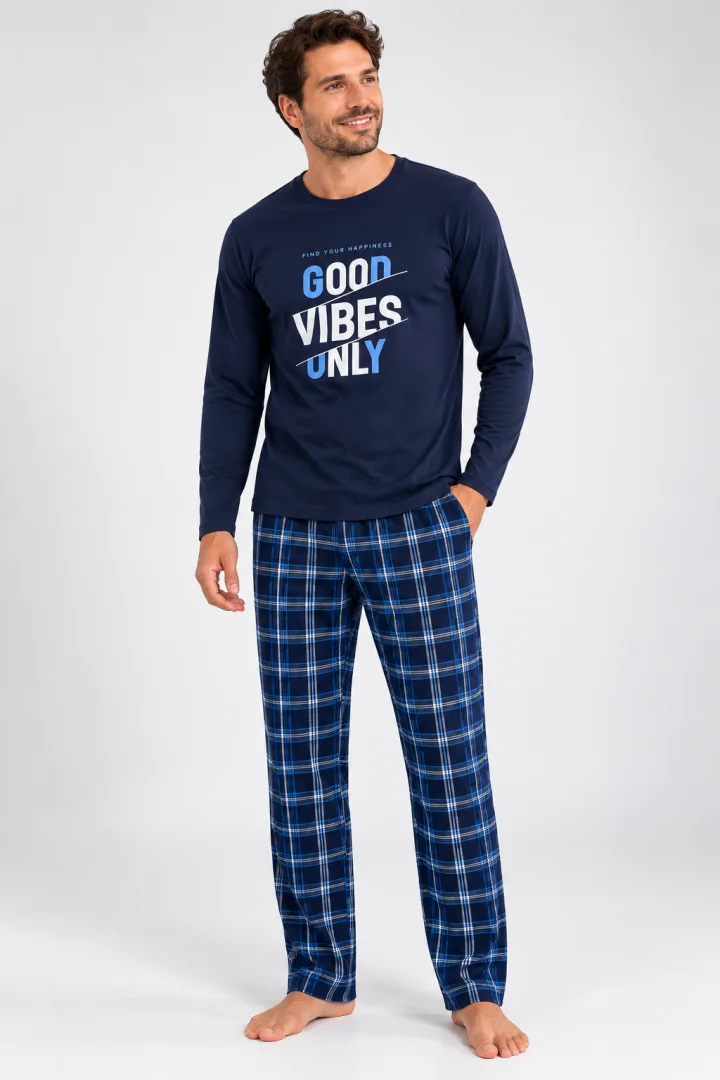 Pijama barbat blumarin  cu carouri albastru
