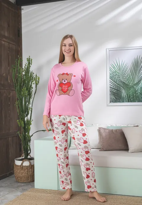 Pijama damă roz cu imprimeu cu ursuleț