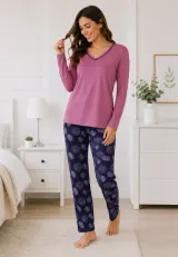 Pijama de dama mov cu maneca lunga si pantaloni lungi blumarin cu frunze